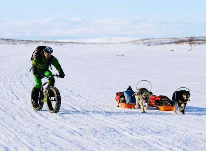Vignette Fatbike Norvège neige cercle arctique pulka chiens de traineaux